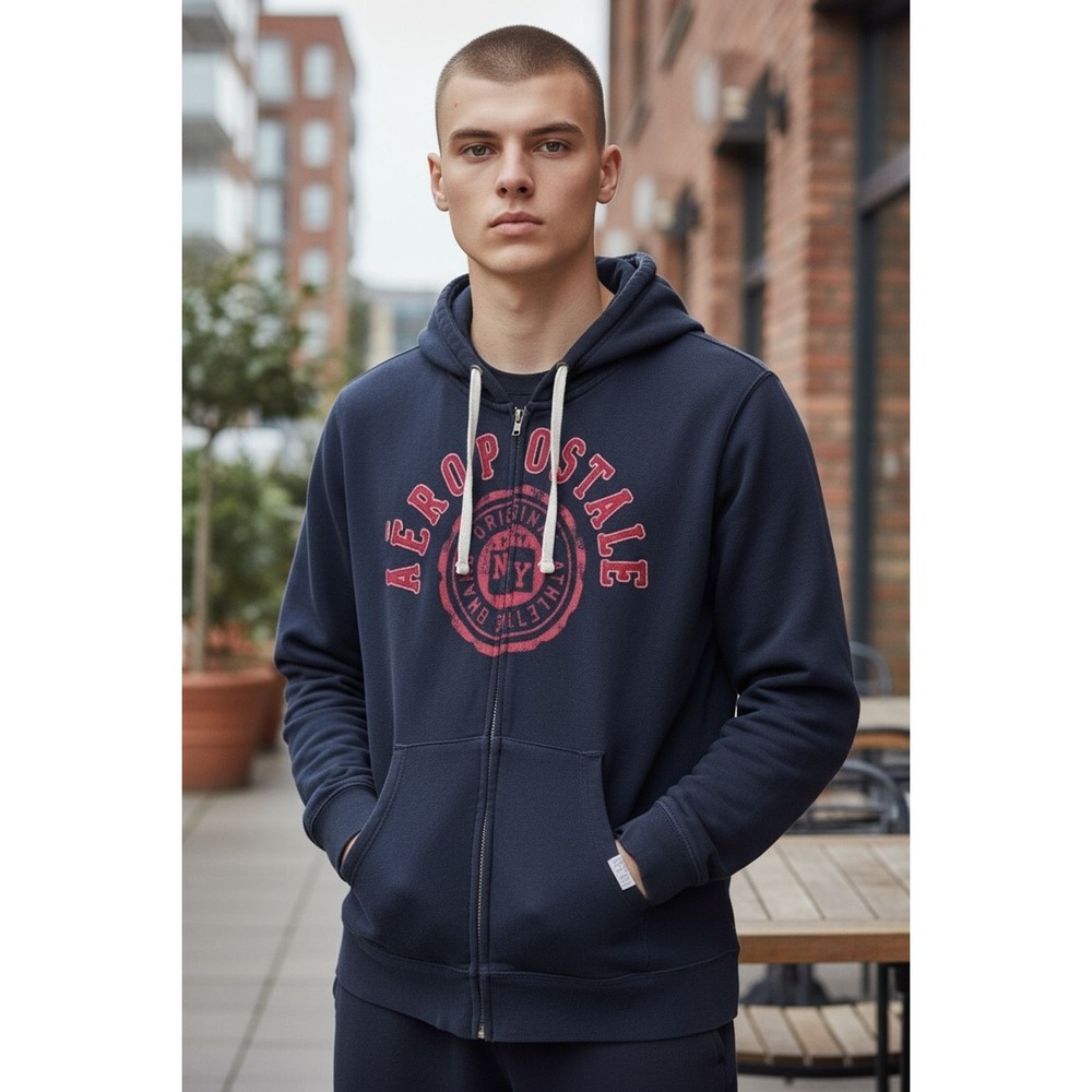 Aeropostale Men's XL Navy Blue Full Zip Hoodie Hood Pockets spell out streetwear